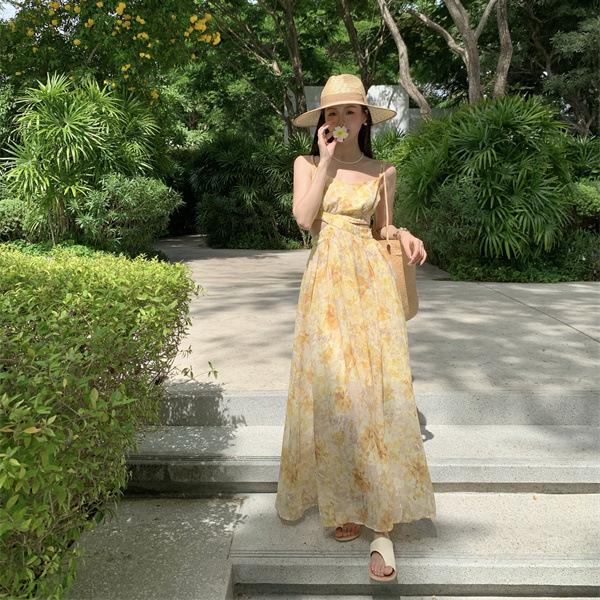 

Желтое цветочное платье с вырезами на талии, на тонких бретельках, длинное пляжное платье-свинг Large жёлтый