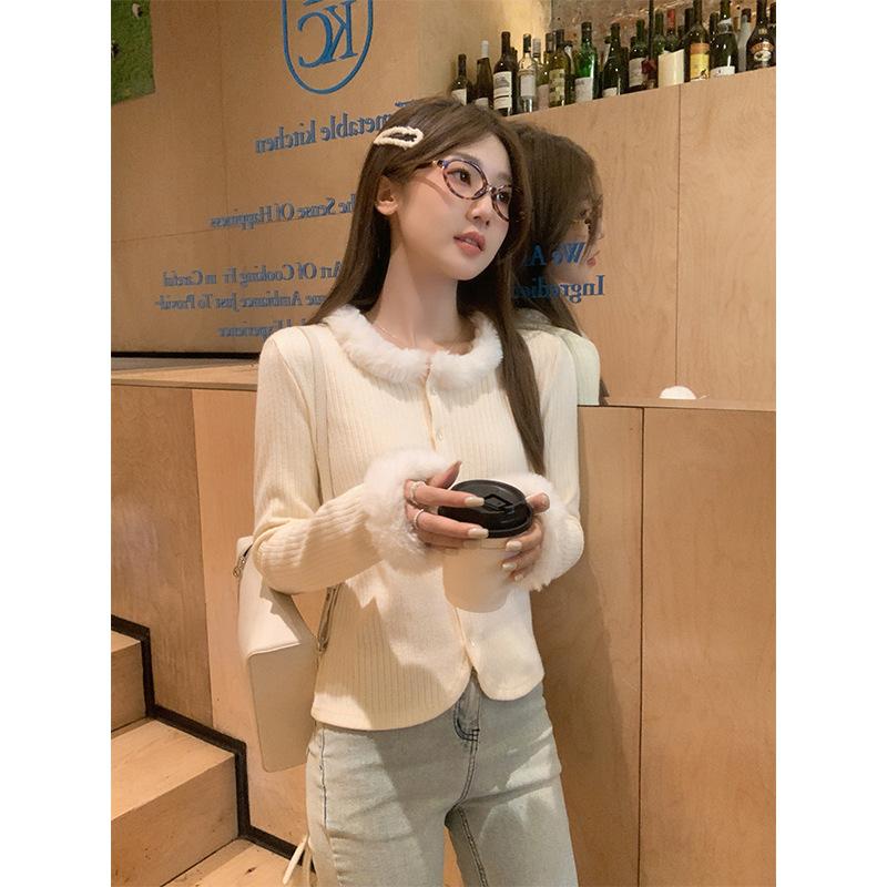 New autumn and winter furry edge round neck long-sleeved cardigan for women, sweet and spicy, beautiful outer wear, slimming, beautiful tops  jackets