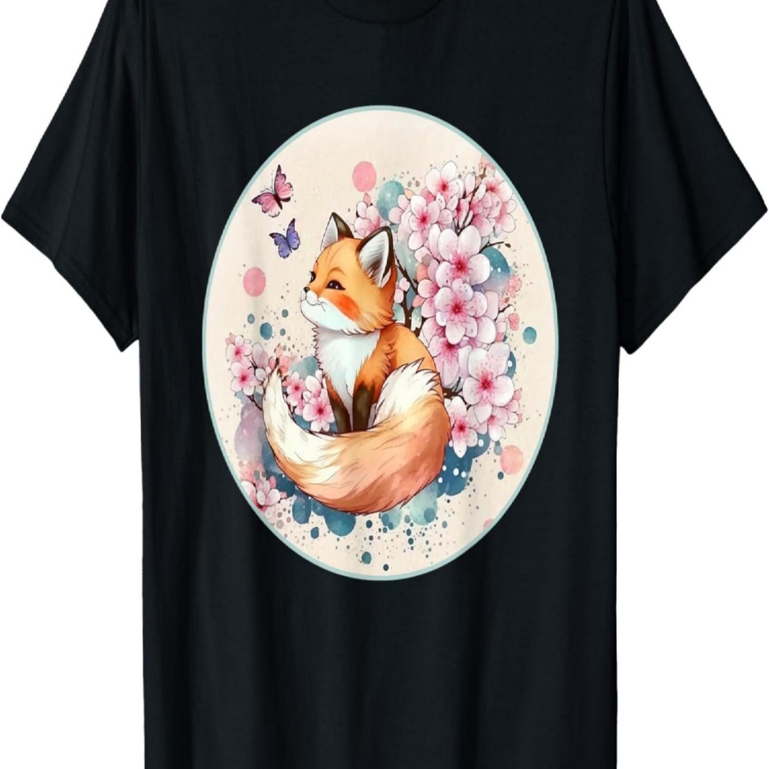Cute Fox Cherry Blossom Flower Butterfly T-Shirt S