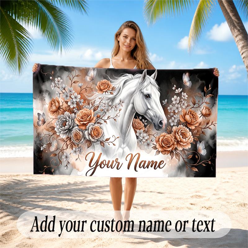 Horse Theme Quick Dry Beach Towel Custom Name Text Print Large Sand Resistant Towel Beach Vacation