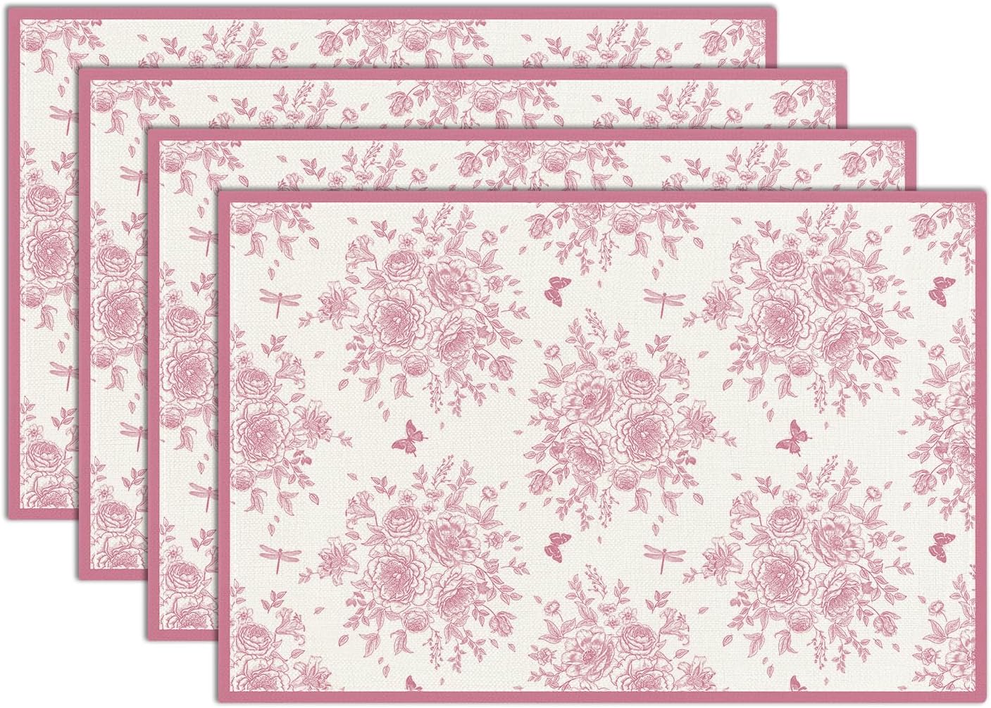 

Floral Placemats with Pink Rose & Butterfly Design,12x18 Inch Cute Placemats Spring Table Mats Set of 4 Table Mats for Party Kitchen Dining Decoration 4Pcs