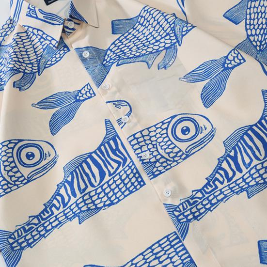 Men Beach Shirt 3D Fish Print Contrast Color Plus Size Short Sleeves Turn-down Collar Streetwear Single-breasted Plus Size Cardigan