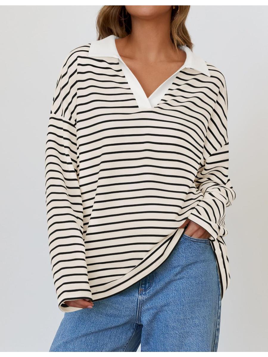 Женская осенняя полосатая футболка свободного покроя с длинными рукавами и V-образным — фото 5