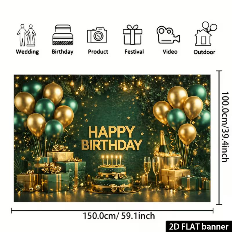 2D Green Gold Theme Birthday Photography Background Cloth