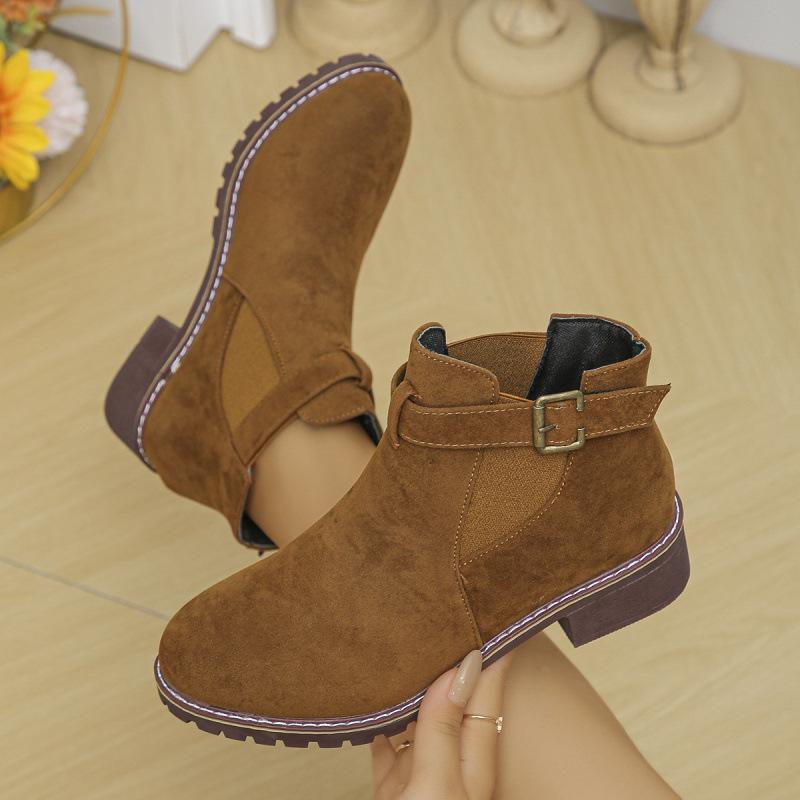 Large size women's boots autumn and winter new Martin boots low heel square heel belt buckle short tube elastic sleeve suede