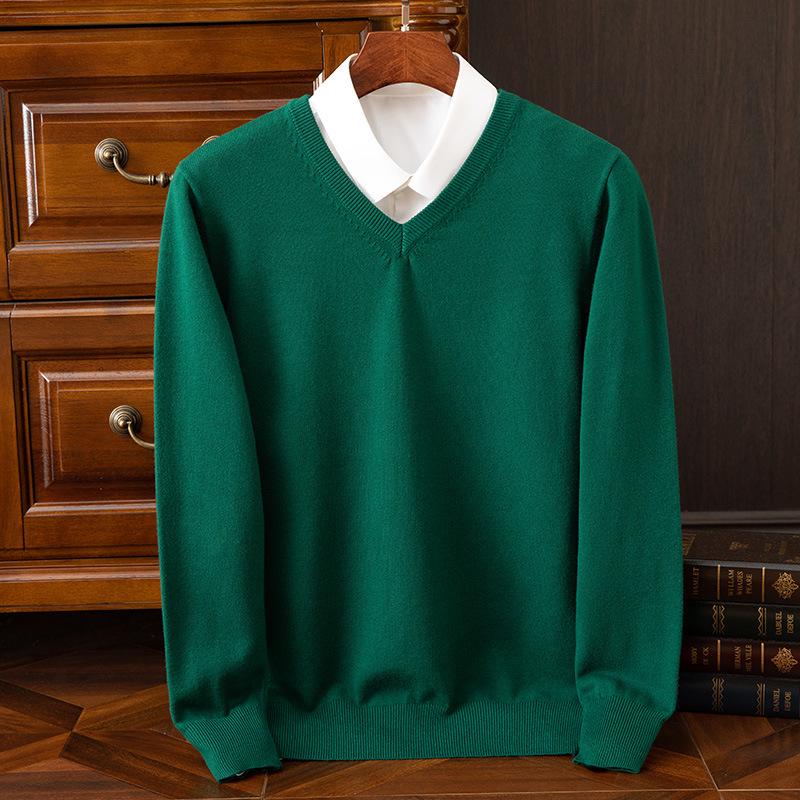 Suéter de Punto para Hombre con Cuello en V - Casual, de Negocios, Corte Holgado, Color Sólido, Manga Larga