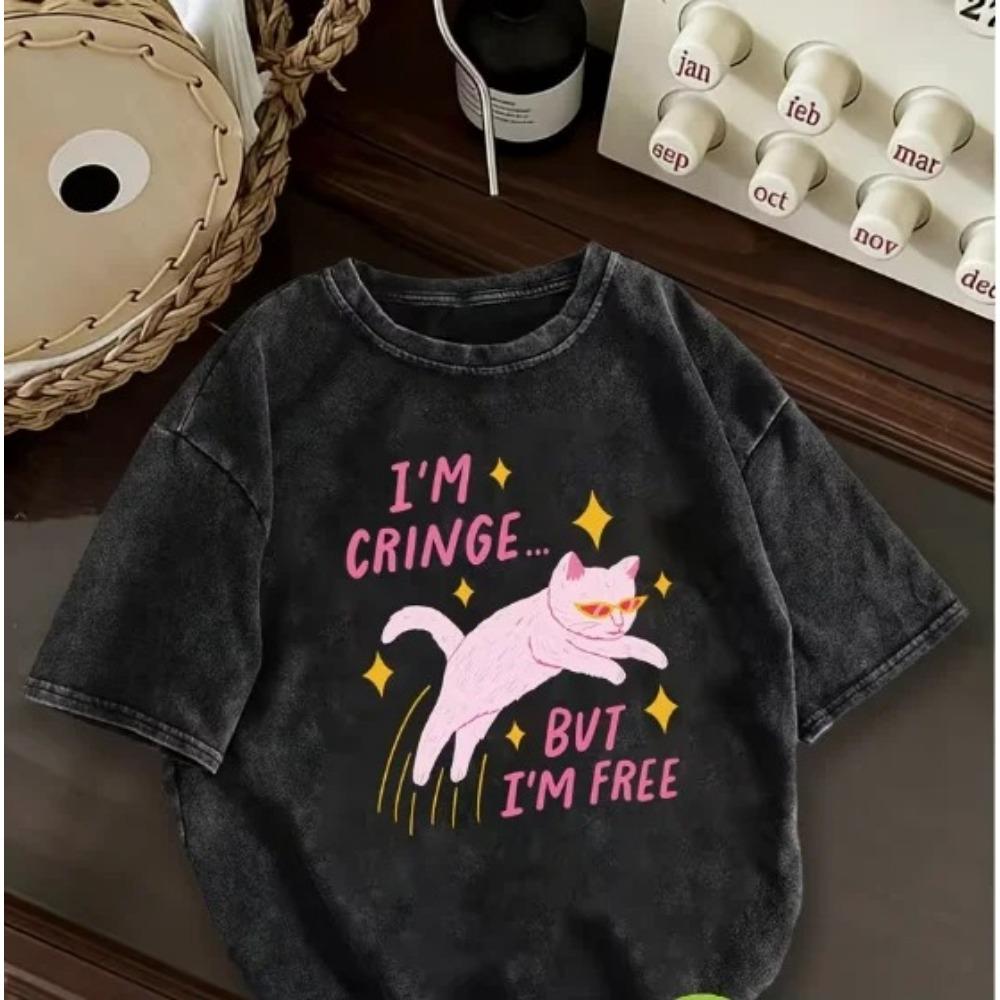 Y2K Style Hip-hop Dancing Cat Star Print T-shirt, Retro Unisex Loose Short Sleeve Graphic Streetwear Tee for Men Women, Summer Casual Tops
