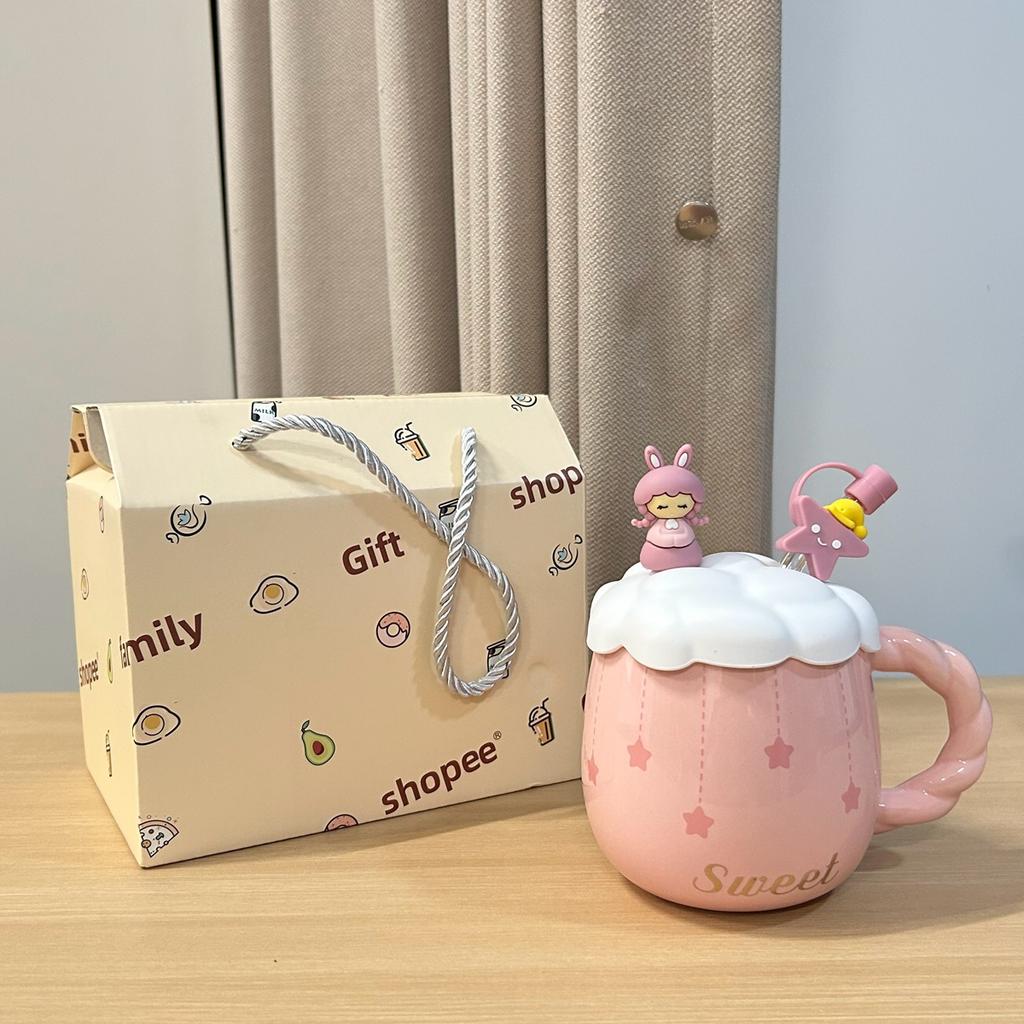 Blaues Mädchen Keramiktasse Große Kapazität mit Deckel Löffel Große Bauch Tasse Trinkwasserbecher Geburtstagsgeschenk für Mädchen Praktisch