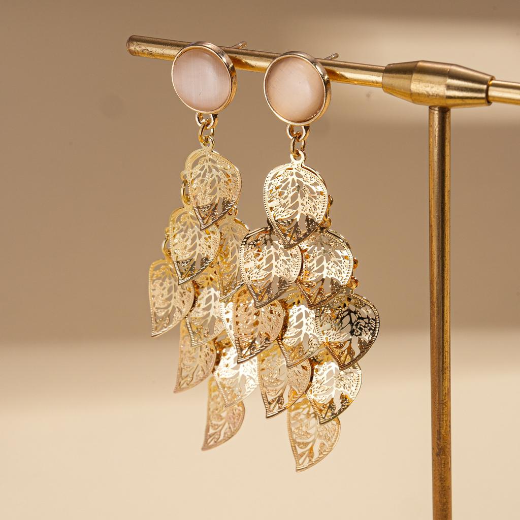 Metal opal hollow leaf fringed silver needle earrings temperament earrings