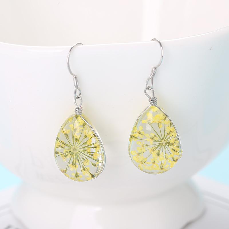 Original Hand-Wound Water Drop Dried Flower Specimen Earrings Qingren, Student Gift E88