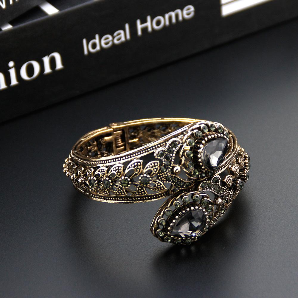 Sunspicems Elegancka Turecka Bransoletka Damska Szary Kryształ Bangle Bohemia Kolor Starego Złota Pusta Kwiatowa Biżuteria Indyjska Prezent dla Panny Młodej