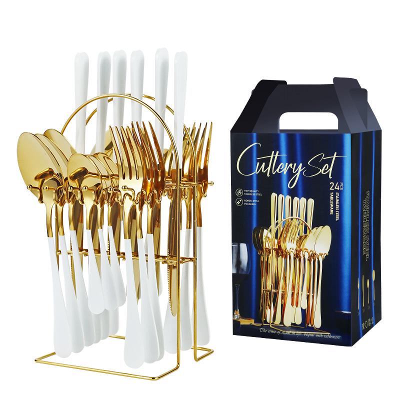 24-teiliges Luxus-Geschirr-Besteck-Set, Edelstahl-Geschirr-Set, Gold-Geschirr-Set, Messer, Gabel, Löffel, Spülmaschinen-Geschirr