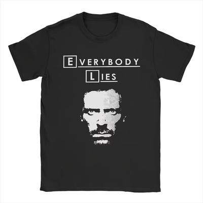 Camiseta de la serie de televisión House MD con estampado de la historia clínica del Dr. House, texto blanco icónico, diseño de logotipo negro, manga corta informal para hombre y mujer.