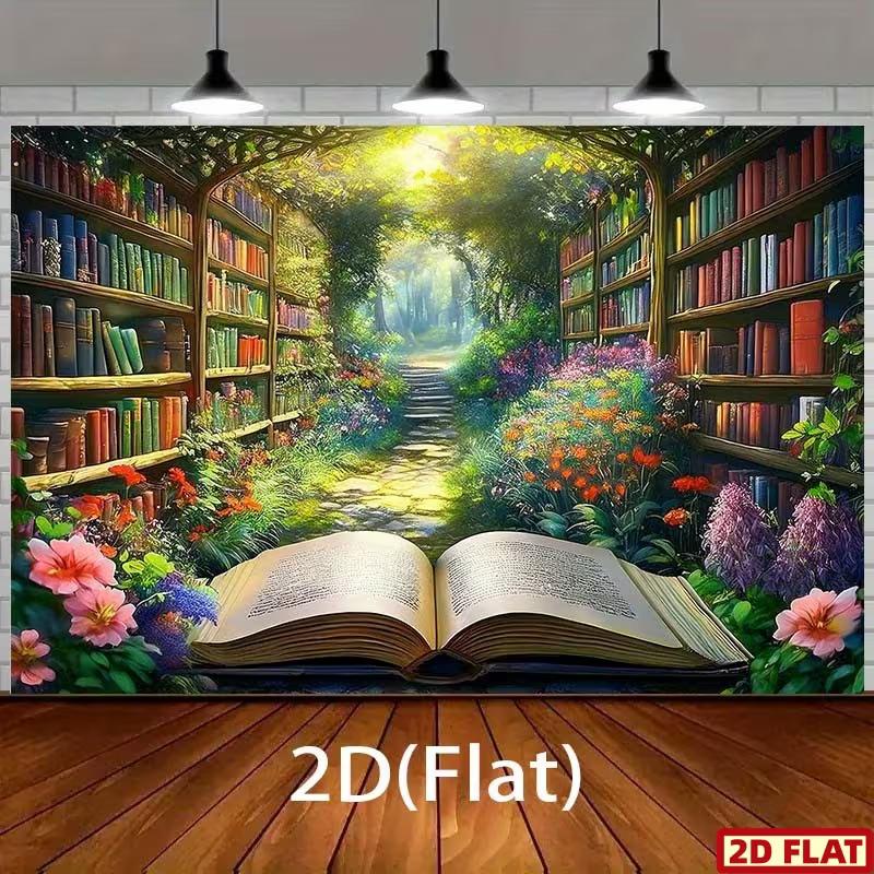 

2D Whimsical Book Garden Banner, Open Book with Enchanted Forest Art 47.2x31.5inch/120*80cm