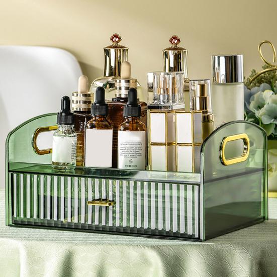 Desktop Cosmetic Storage Box with Drawer And Handle Transparent Two-tier Smooth Stable High Fence Lipstick Lotion Nail Polish Organizer Makeup Display