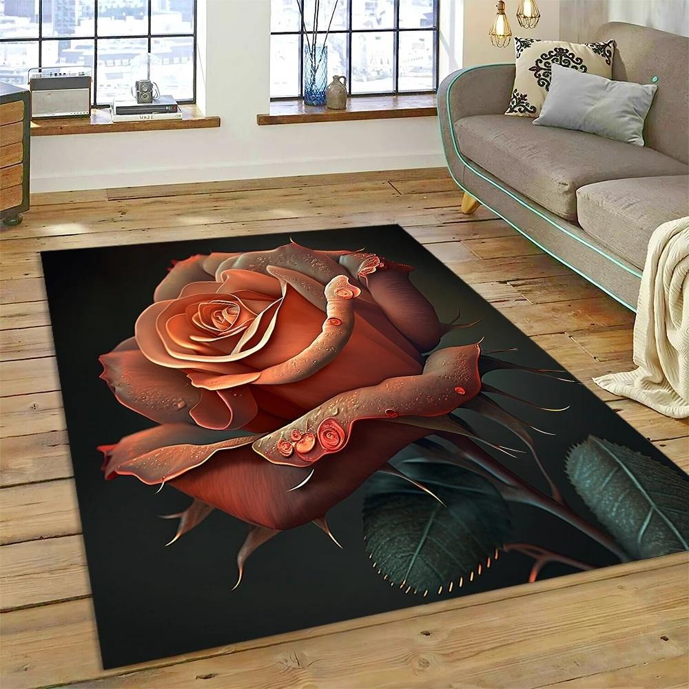 Romantic Red Rose Floral Area Rug with Dark Background for Living Room Bedroom Decor Non Slip Carpet Elegant Style Perfect Gift