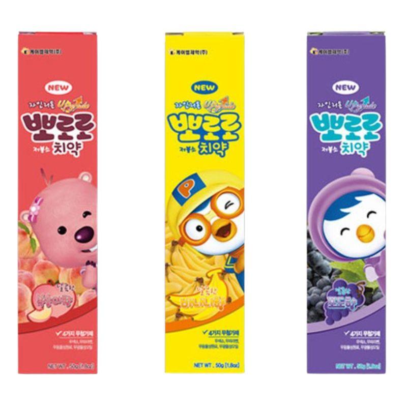 KM Pharmaceutical Pororo Kids Low Fluoride Toothpaste Set Peach Banana Grape Flavor Oral Care for Toddlers 3 Pack 50g x3 (Total 150g) 1