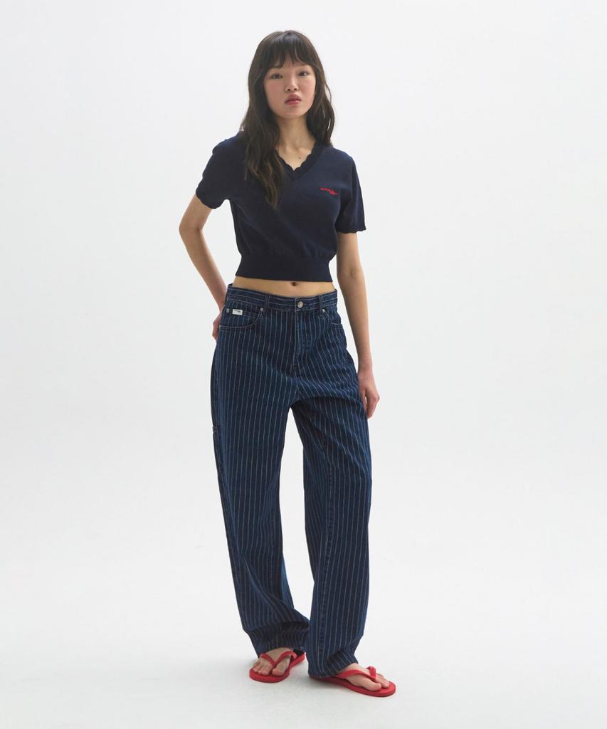 MOONSUN M.C Unisex, Loose-Fit Pinstripe Denim Pants / Dark Indigo