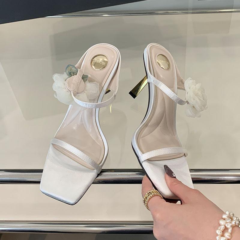 

Fashion Silk Fashion Flower Women 7cm Heels Sandals Shoes Slides Summer Female Square Toe Footwear Metal Heels Ladies Sandals Shoes 35 бежевый