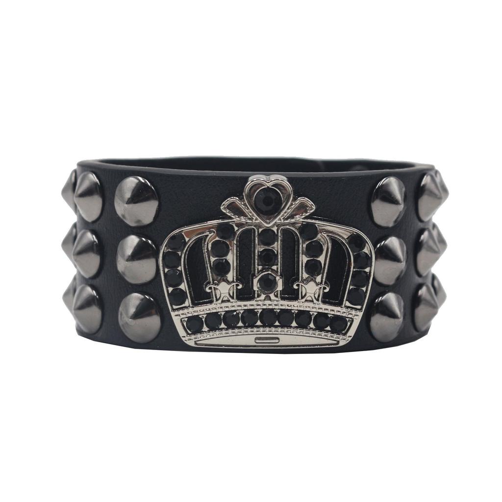 European & American Punk Leather Bracelet with Exaggerated Rivets & Crown Design