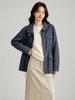 Xin Ge Blue Linen Workwear Jacket with Drawstring Waist and Multi-Pockets