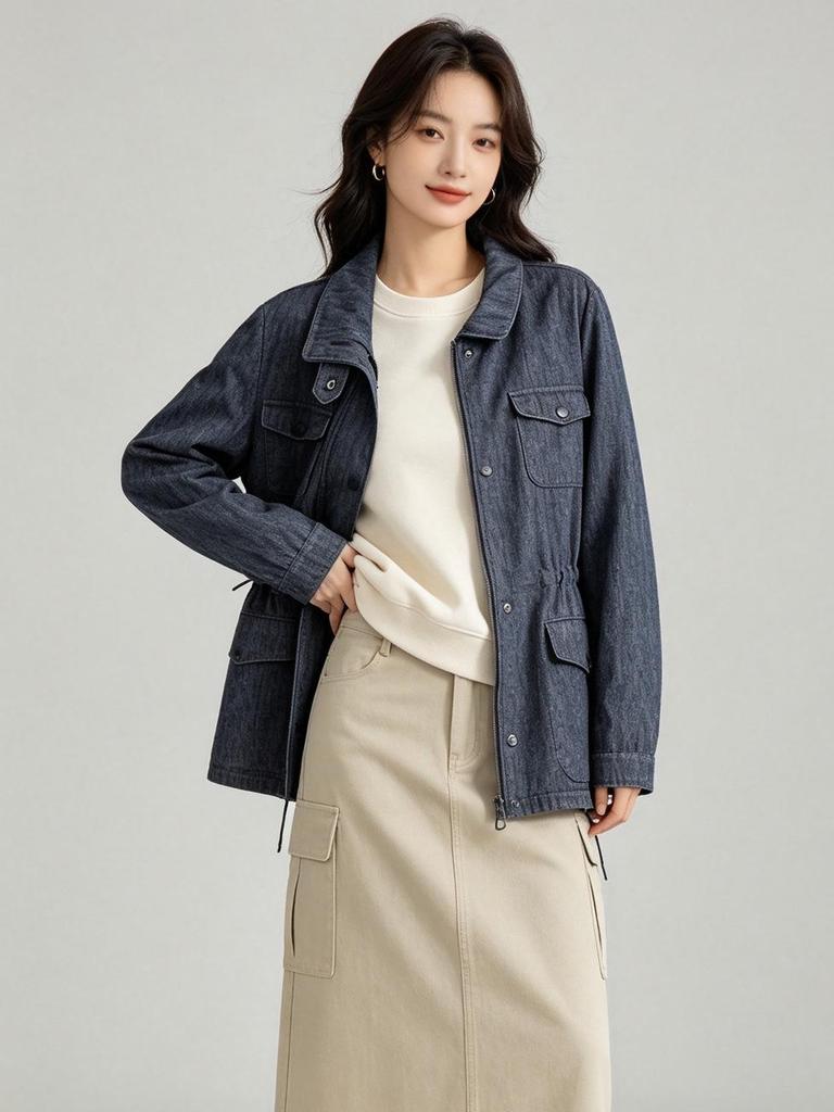 Xin Ge Blue Linen Workwear Jacket with Drawstring Waist and Multi-Pockets