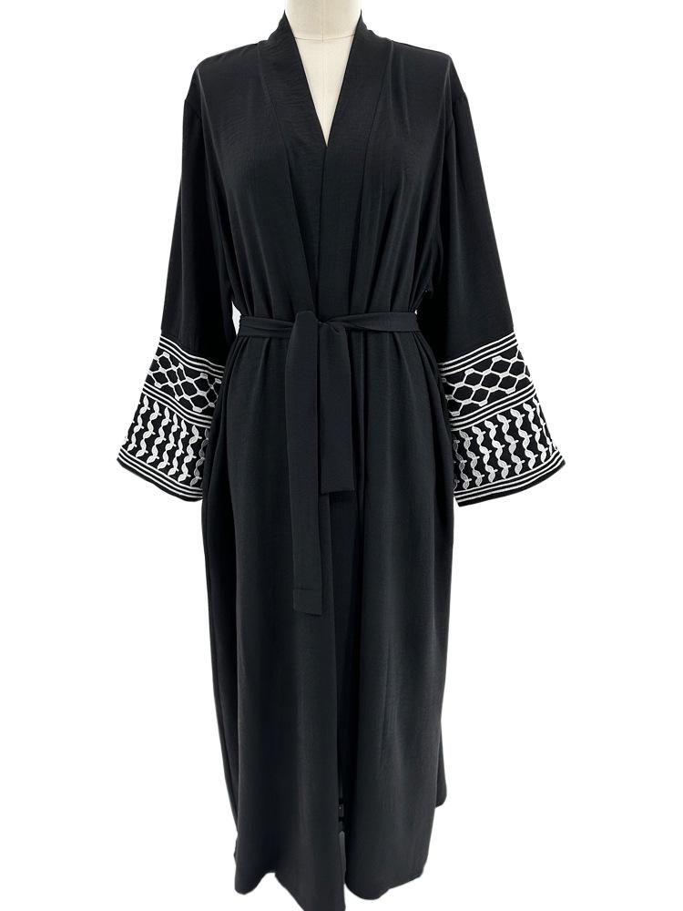 Elegant Embroidered Middle Eastern Muslim Tie-Up Cardigan Dress with Pockets