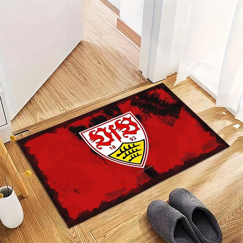 VfB Stuttgart Rot Schwarz Splash Art Club Logo Teppich, Rutschfeste Fußmatte für Wohnzimmer Schlafzimmer Fußballfan Dekoration