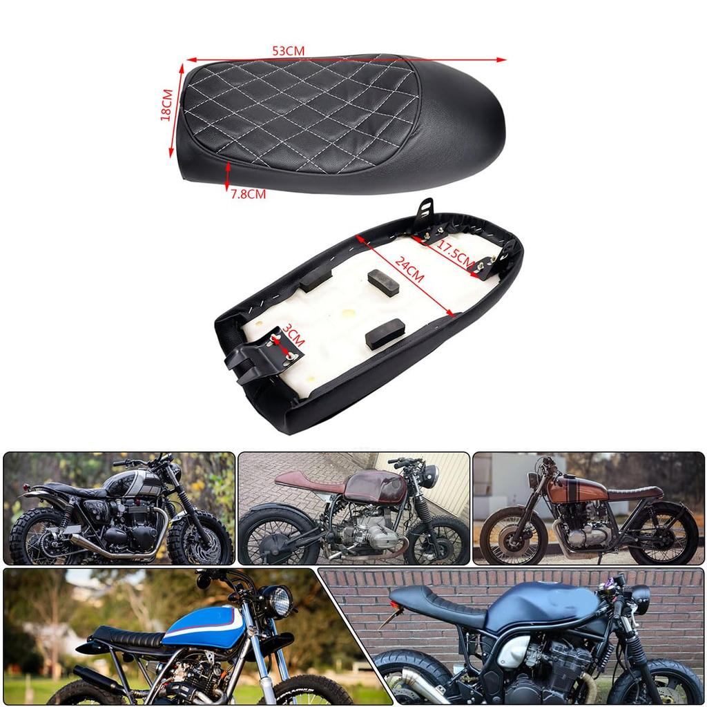 JPMODAO Vintage Motorcycle Seat, PU Leather, Compatible with Various Cafe Racer Models (C-Camel Ridge Diamond White Line)