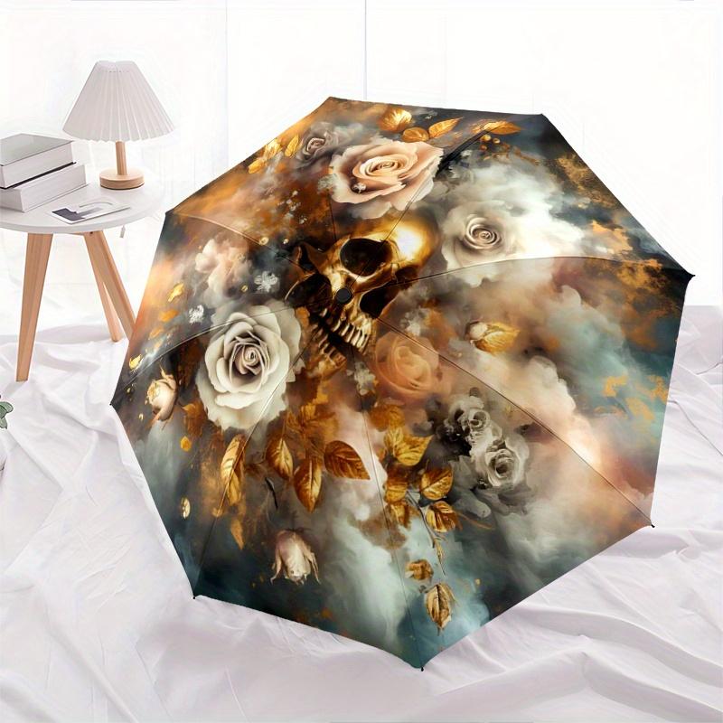 

1pc Golden Skull amidst Roses Automatic Opening and Closing Umbrella - Small Umbrella Suitable for Various Occasions N051