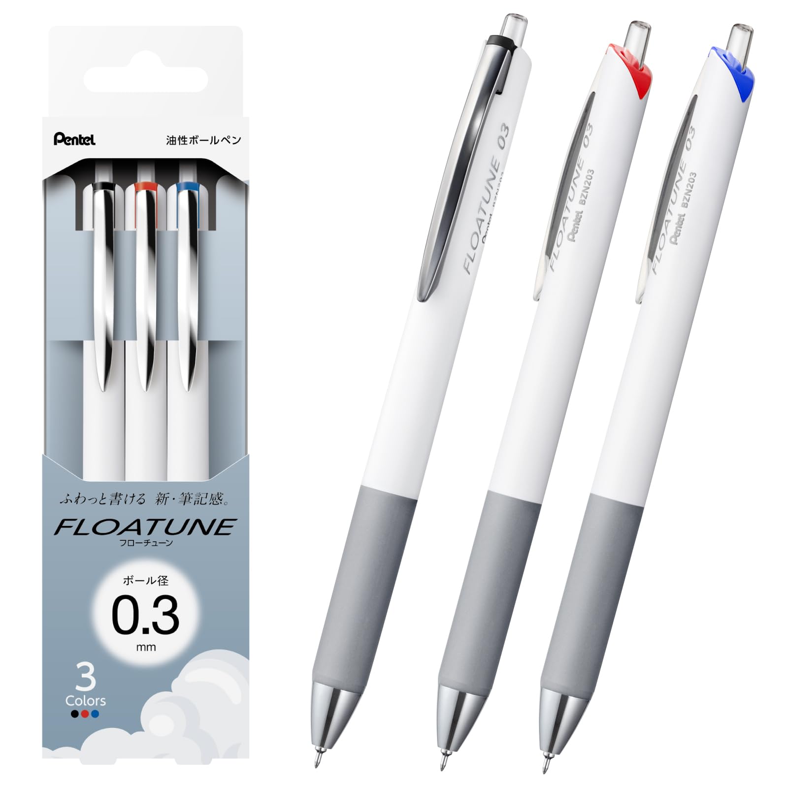Pentel FlowTune Ballpoint Oil-Based Pen, Black, Red, Blue, 0.3mm, 3-Pack, BZN203-3