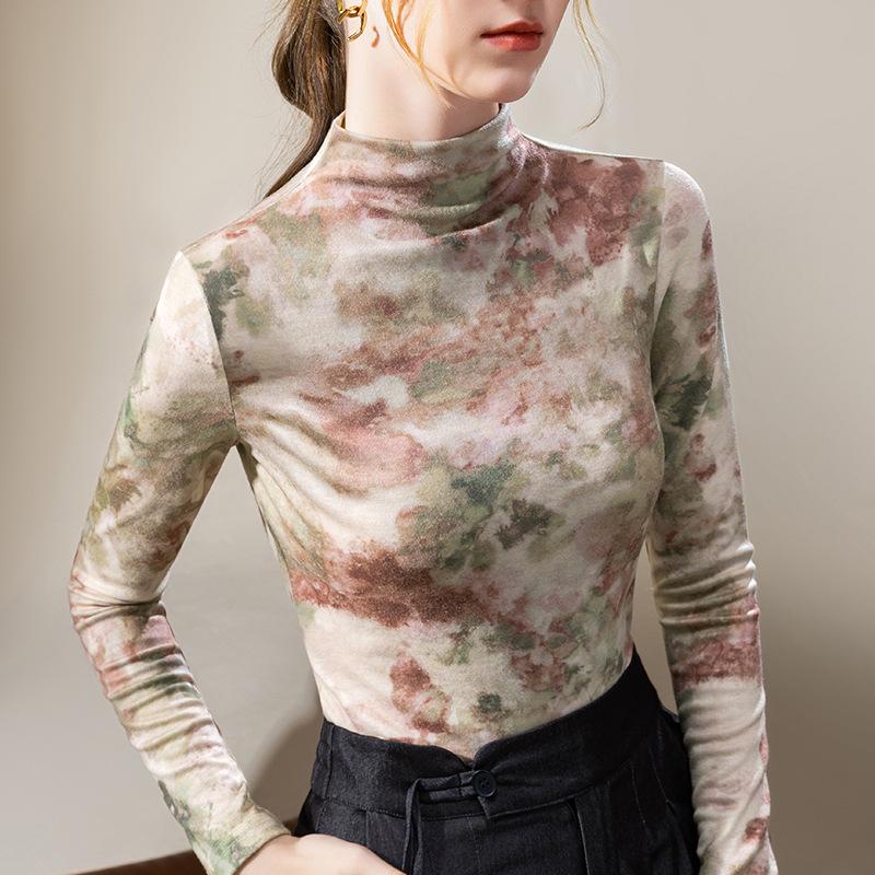 Camiseta Base de Cuello Alto Medio para Mujer Camiseta de Manga Larga Estampada a Color en Contraste Top Ajustado a la Cintura