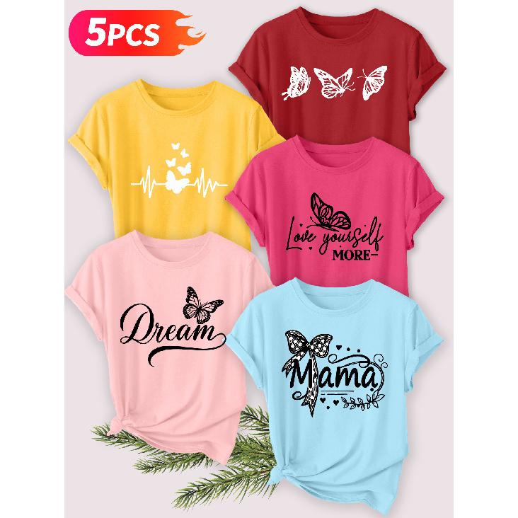 Five-piece set Elegant short-sleeved shirt for women Butterfly series printed round-neck women's short-sleeve shirt suitable for spring and summer