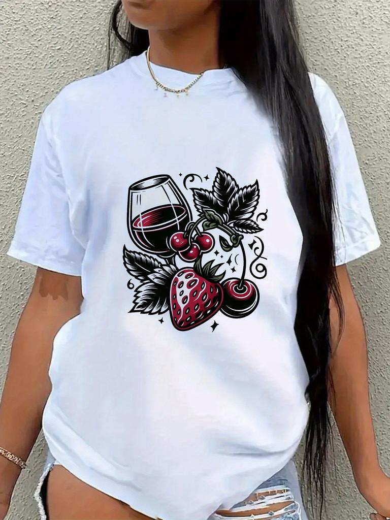 WomenS Stylish Black TShirt with Wine Fruit Print Comfortable and Breathable Round Neck Sleeve Casual Wear Aesthetic Clothes