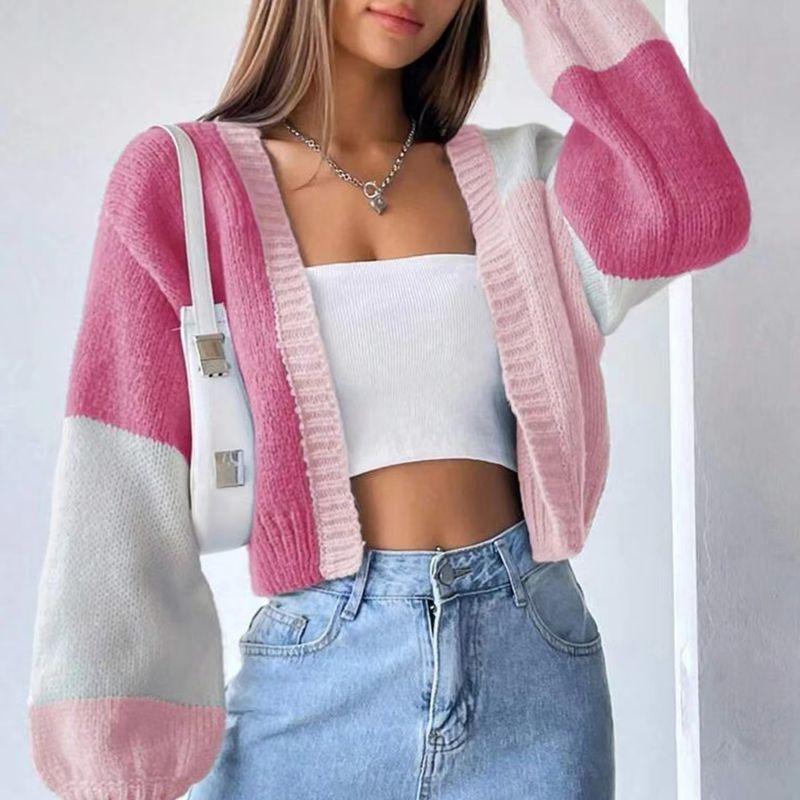 

Fashion New Arrival Color Matching Casual Retro Long Sleeves Knitting Cardigan Sweater Knitted Cardigan Sweater Pink 3XL