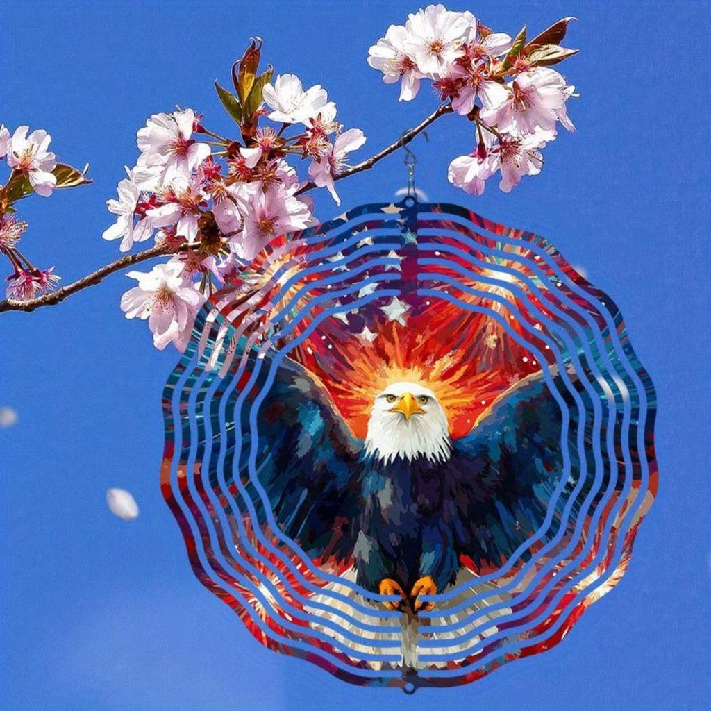 2D Patriotic Eagle Wind Chime Kinetic Metal Art for Outdoor Decor Rotating Hook Colorful Reflective Garden Ornament Unique Gift Idea