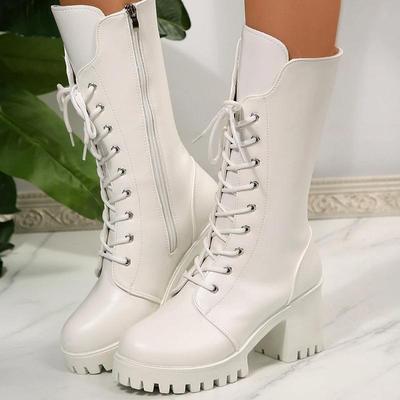 Γυναικείες Μπότες Μέσης Κάλτσας Ποιοτικές Casual Δερμάτινες Μπότες Δέσιμο με Κορδόνια Παχιά Τακούνια Πλατφόρμες Μοντέρνες Γυναικείες Μποτάκια Ιππότη Botas Mujer