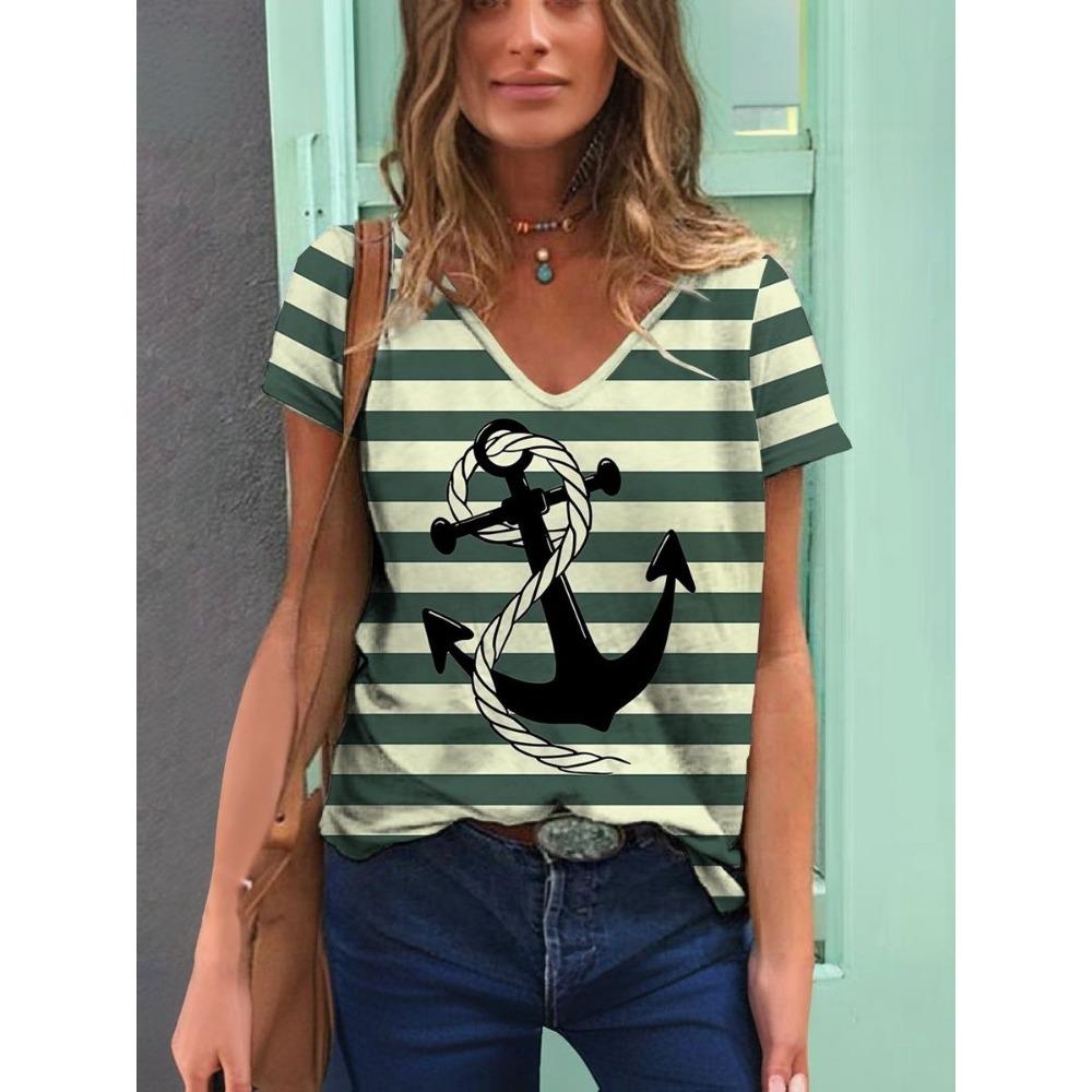 New Anchor Stripe 3D Print T-Shirts Women's Short Sleeve V-Neck T Shirt Casual Tops Harajuku Tees Streetwear Female Clothing