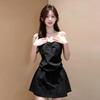 Black Spice Girl Wind Drawstring One-word Collar Off-Shoulder Tub Dress Women's Small Waist A-word Skirt Short Skirt Summer