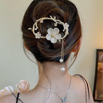 Shining Zircon Flower Tassel Hair Clip Fashion Women One Word Ponytail Clip Elegant Girls Hair Accessories