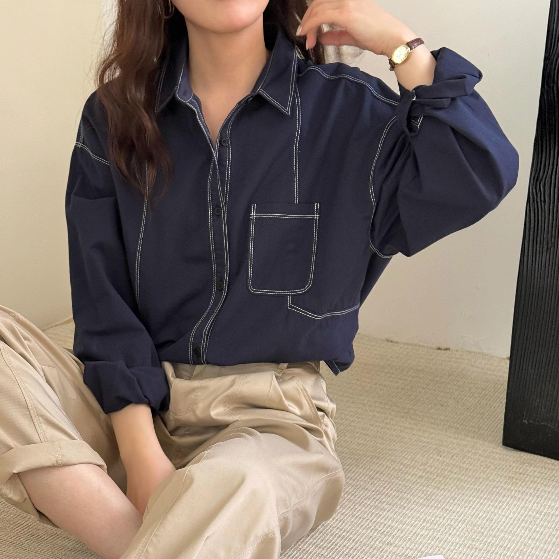 

Весна 2025 Однотонная Повседневная Рубашка в Стиле Ретро с Лацканами Свободного Кроя для Миниатюрных Фигур XL синий