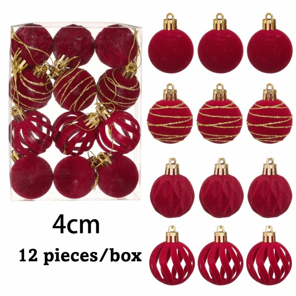 12Pcs/Box Velvet Christmas Hanging Balls DIY Crafts Painted Plastic Christmas Tree Ornament 4CM Christmas Flocked Ball Set