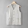 Casual Men Loose Linen Cotton Vest Japanese Retro Sold Color Multiple Pockets Workwear Sleeveless Top V-neck for Male