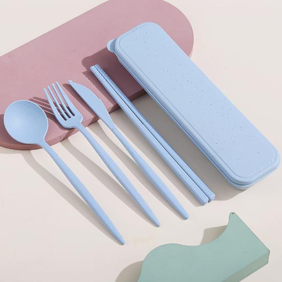 4Pcs/Set Reusable Portable Plastic Cutlery Set with Storage Box Students Spoon Fork Cutter Chopsticks Tableware Set