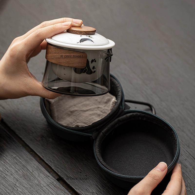 Travel Portable Ceramic Tea Set Handmade Panda Teacup Glass Teapot Tea Water Separation Cup Chinese Teaware with Storage Bag