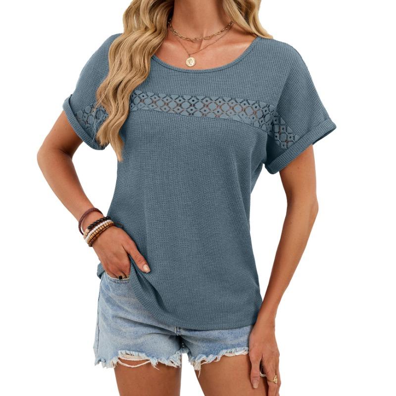 Women's Summer Casual Waffle Tee Lace Insert Round Neck Short