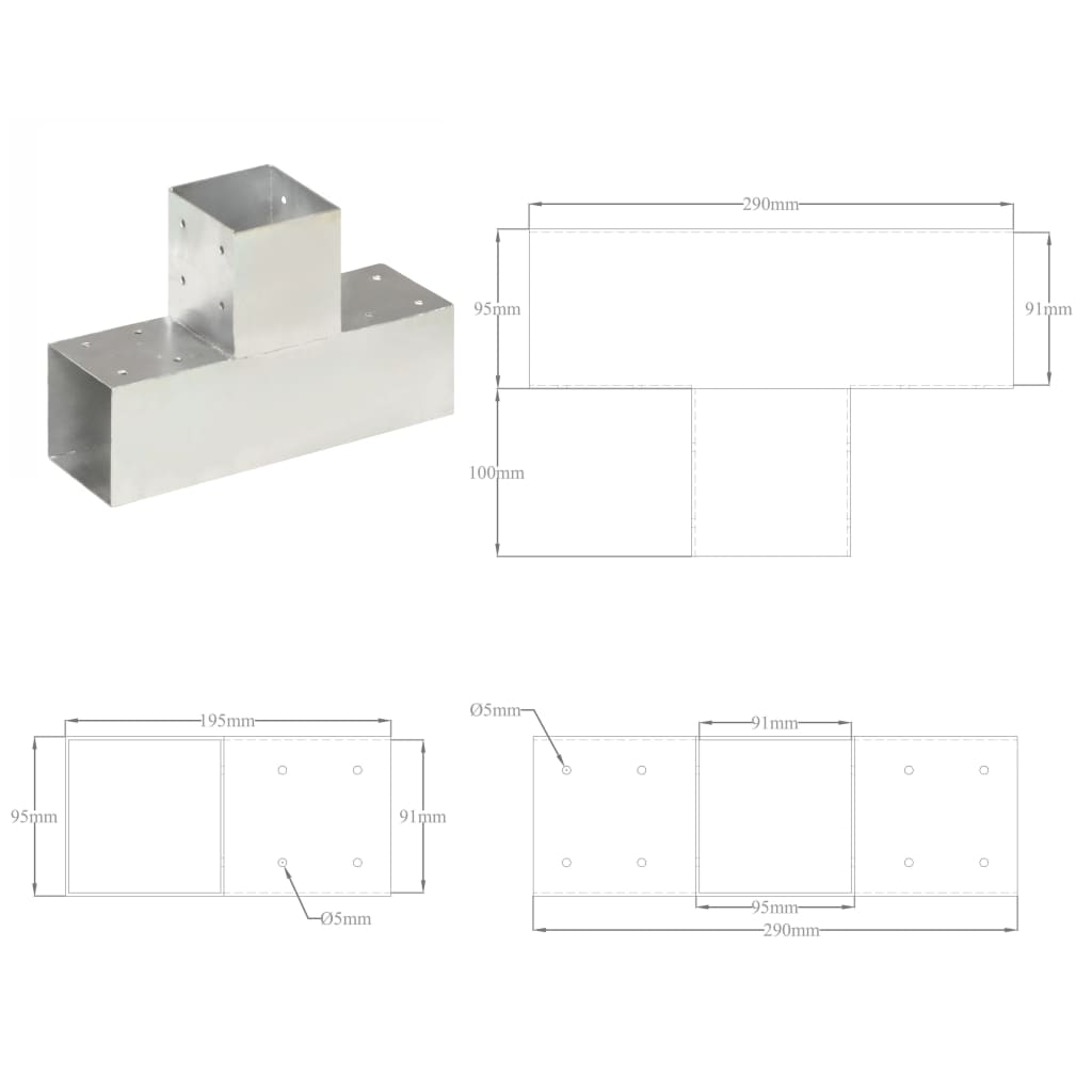 T Shape Post Connector Galvanized Metal 91 x 91 mm