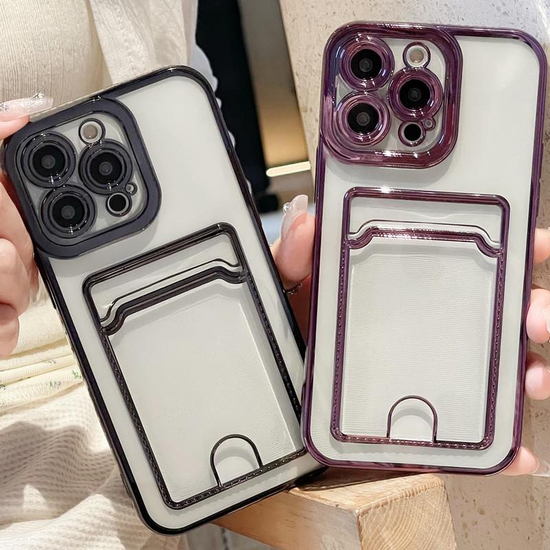 Electroplated Card Holder iPhone Case for iPhone 17, Compatible with Apple 15/16e, Transparent, Simple Design for 14/13/12, Fits Models 11/78.