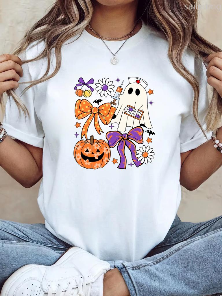 Funny Nurse Halloween Spooky Nurse Pumpkin Purple Bows Design Halloween Costume Party Shirt Sleeved Harajuku Streetwear