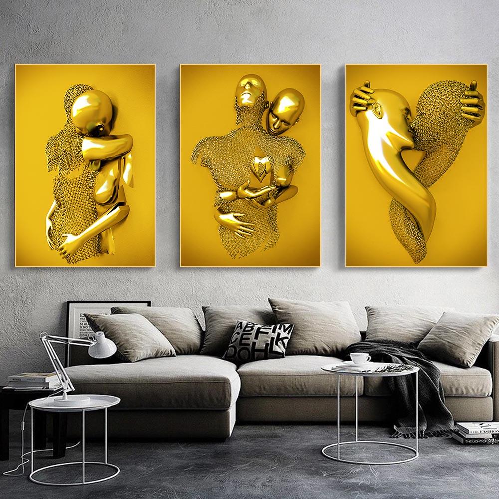 Love Couples Poster 3D Metal Figure Statue Canvas Painting Human Body Sculpture Wall Art Printing Picture for Home Room Decor